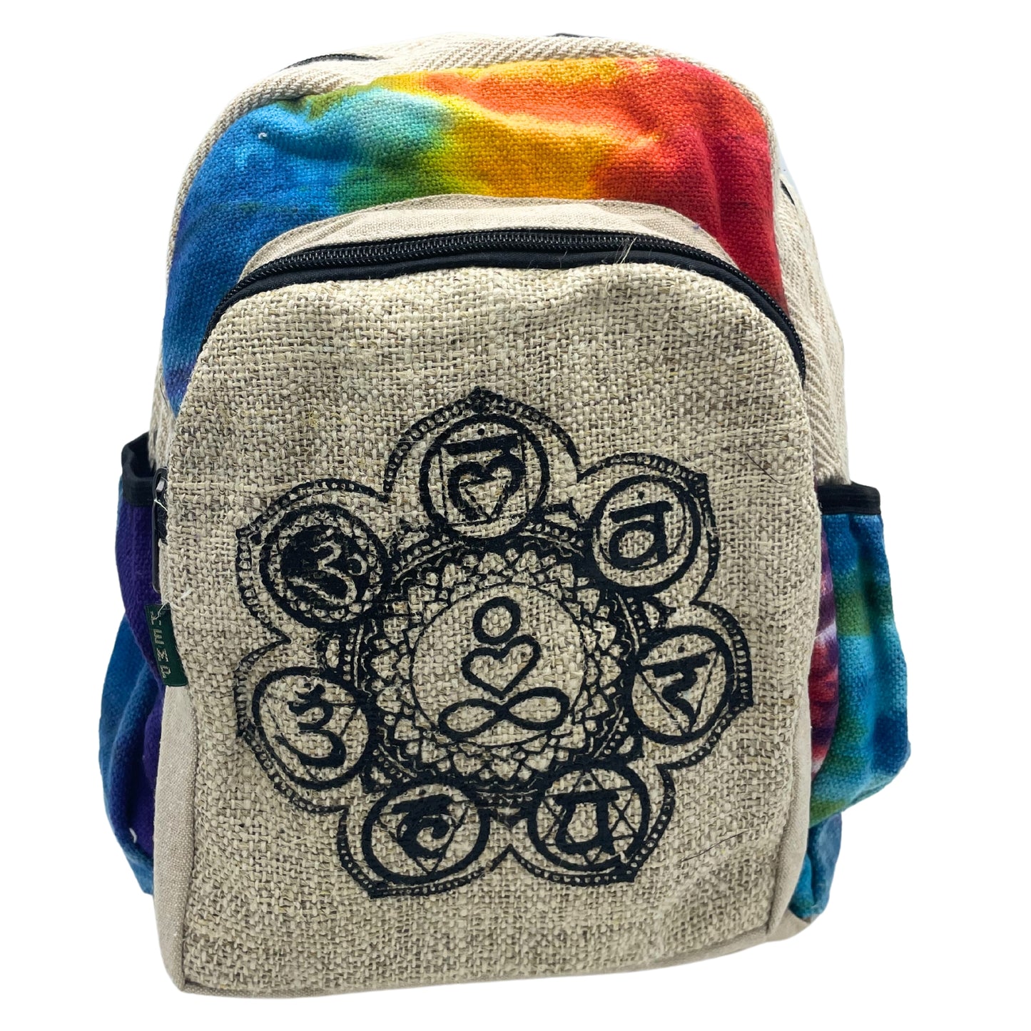 Front view of medium-sized tie-dye hemp backpack with chakra symbols and zip pocket, handmade in Nepal