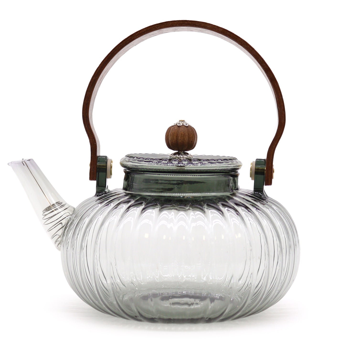 Elegant glass teapot with charcoal ribbed design, pearl-finish lid, and wooden handle – 950ml capacity