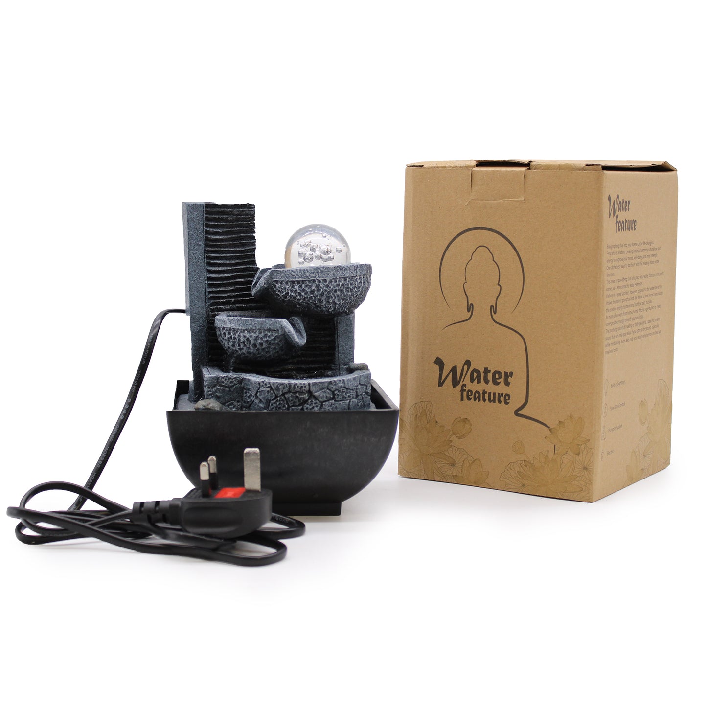 Pouring pots water feature shown with plug and eco box packaging