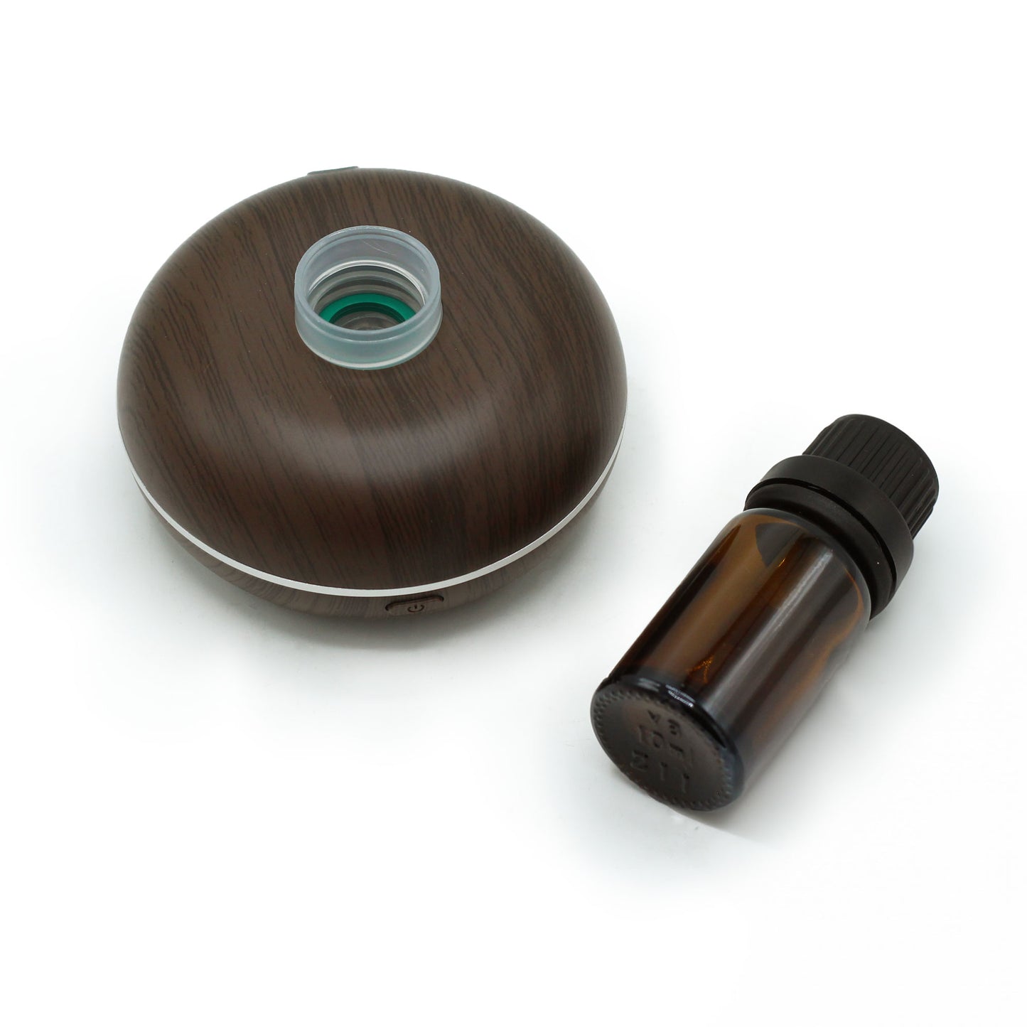USB-C rechargeable diffuser shown with accessories including refillable amber bottle and charging cable for waterless aromatherapy