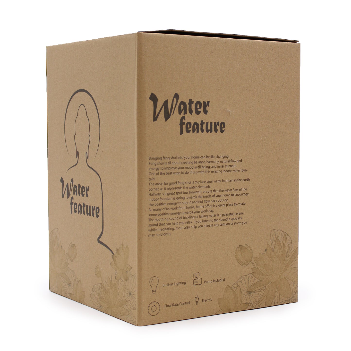 Eco-friendly packaging for indoor Buddha water fountain with feng shui guide and features listed