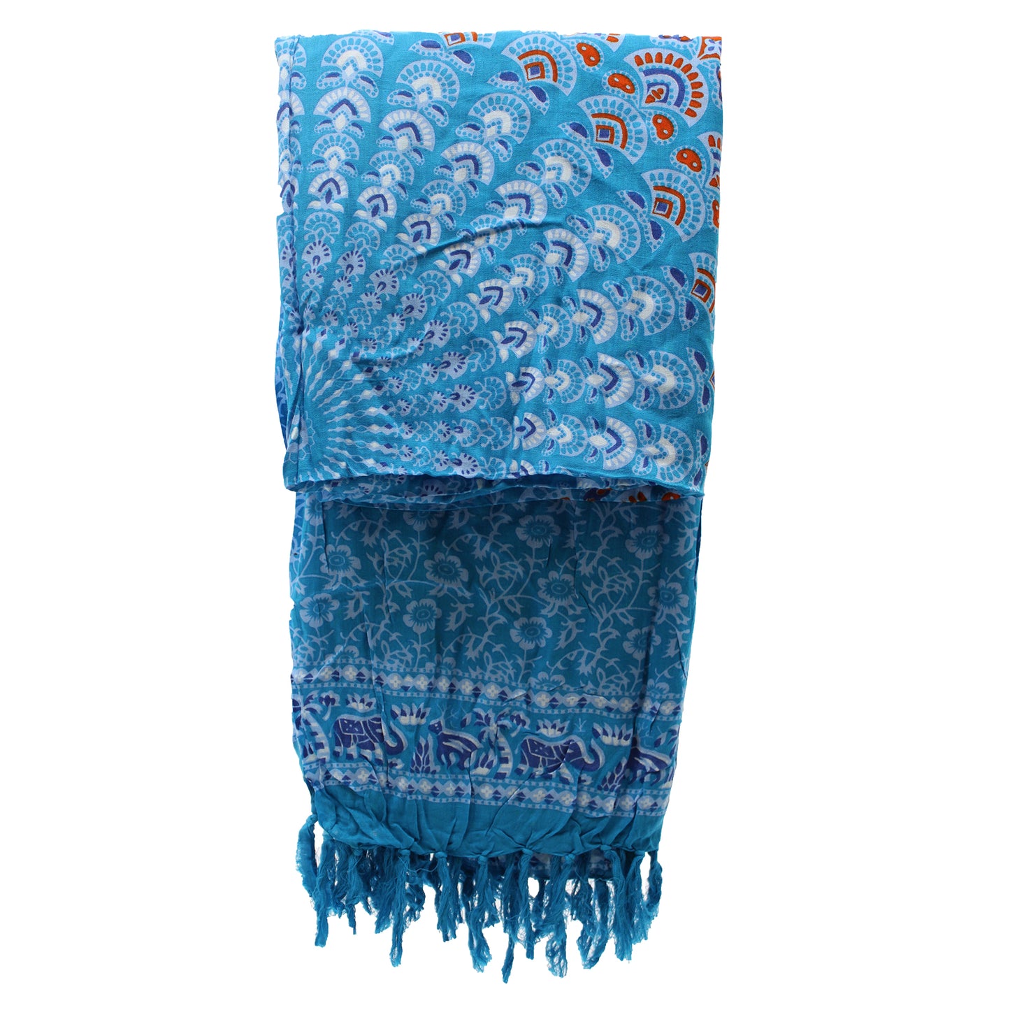 Folded sky blue sarong showing red and navy mandala fan print with elephant border fringe