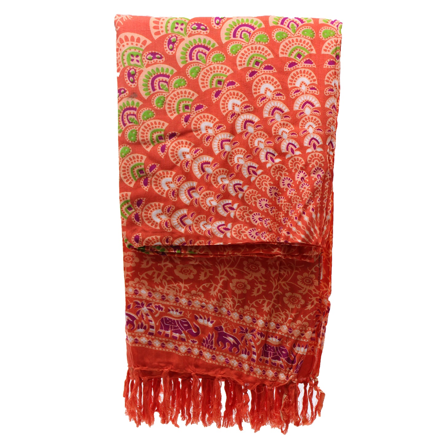Folded orange sarong with mandala print, fringe detail, and purple elephant border trim visible