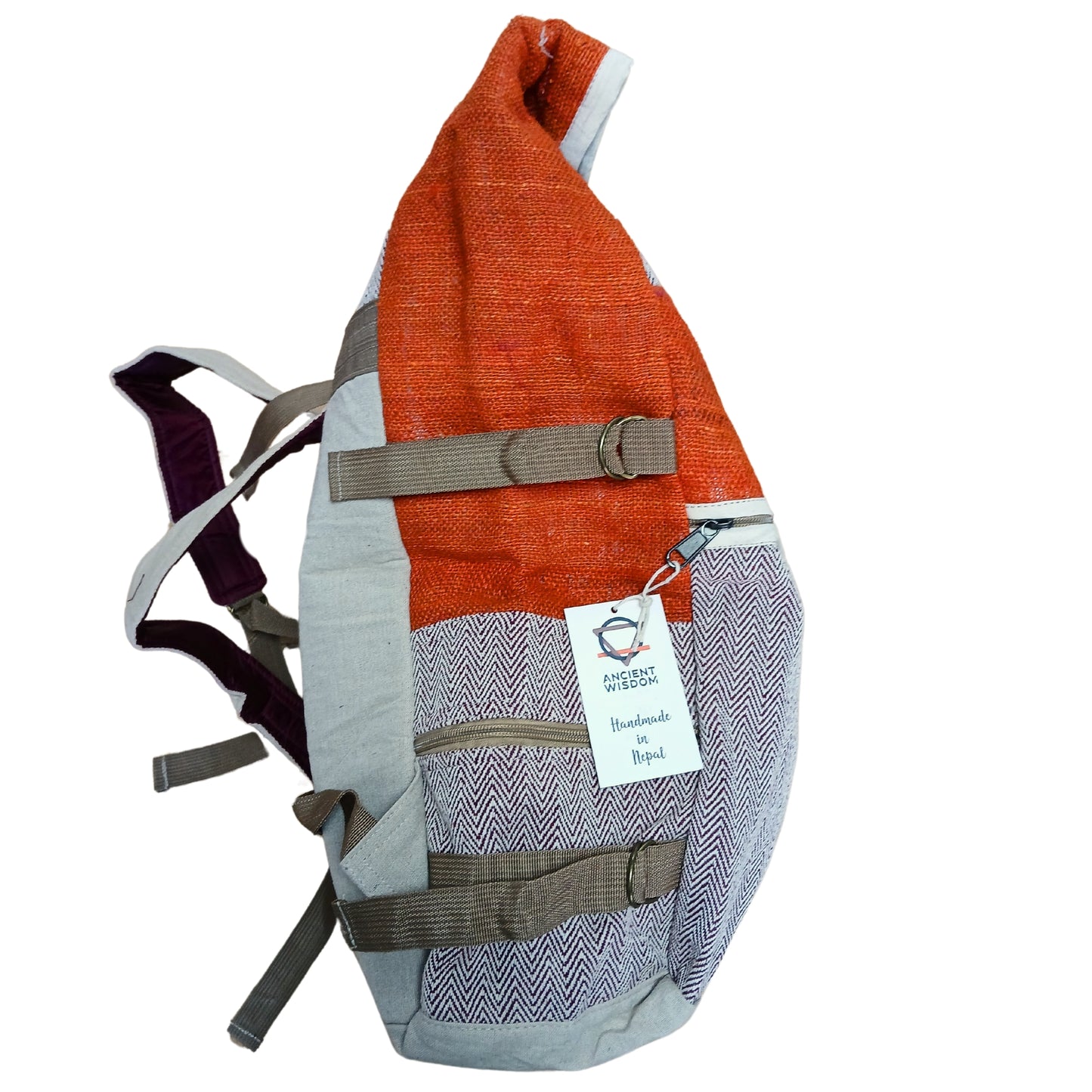 Eco-friendly hemp trekking backpack in vibrant sunset orange with zip compartments