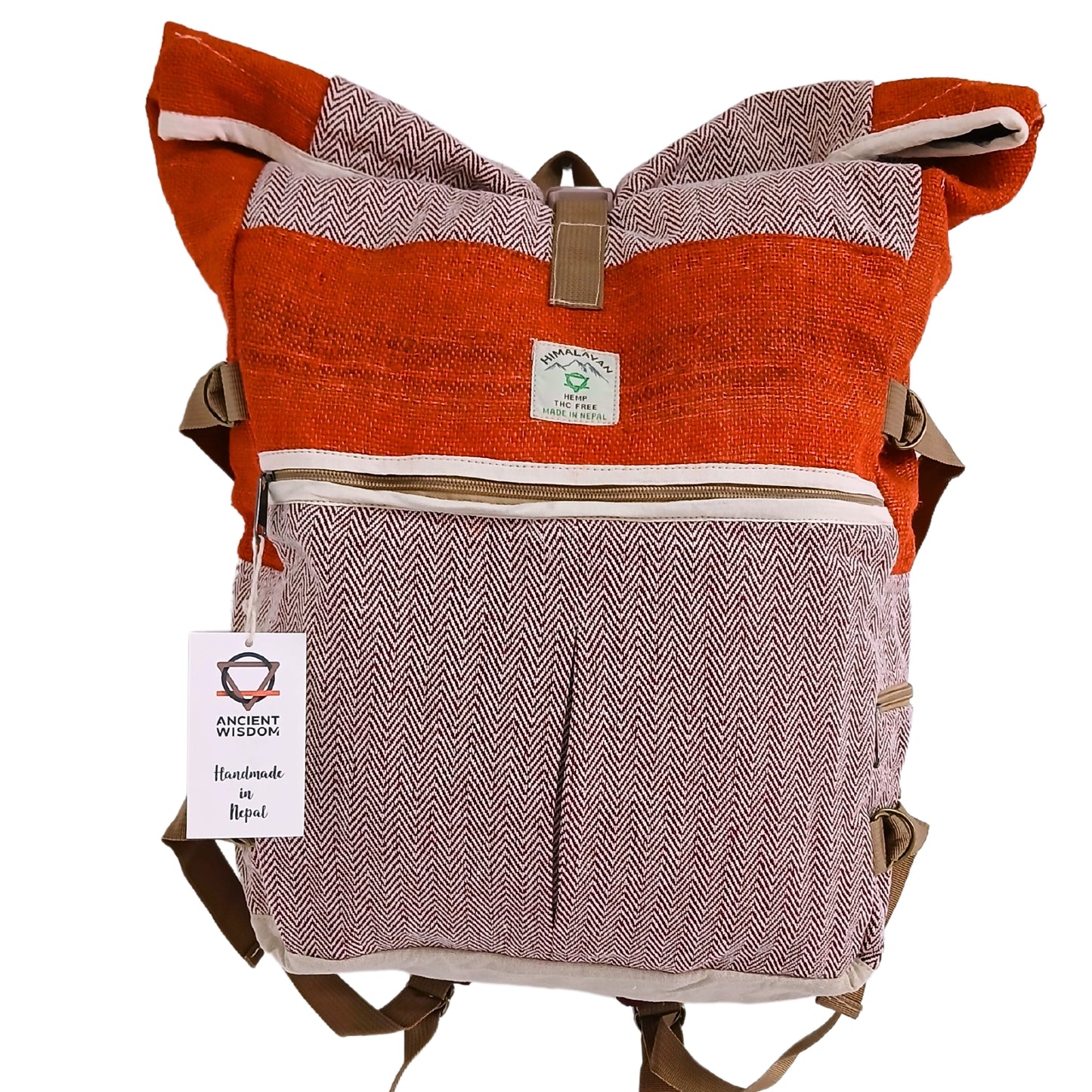Front-facing view of Himalayan Sunset Orange hemp roll-top backpack with herringbone design