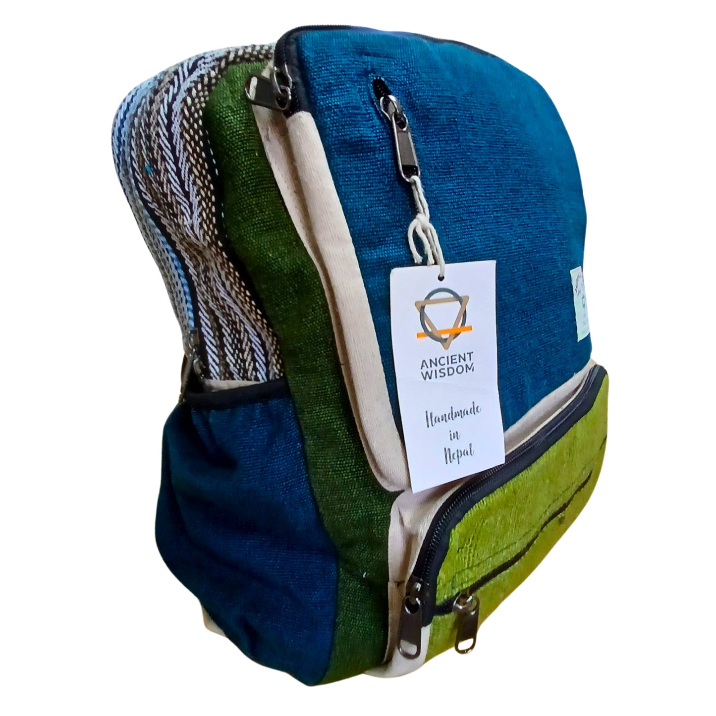 Side view of large teal and sage hemp backpack with multiple pockets and eco-friendly design