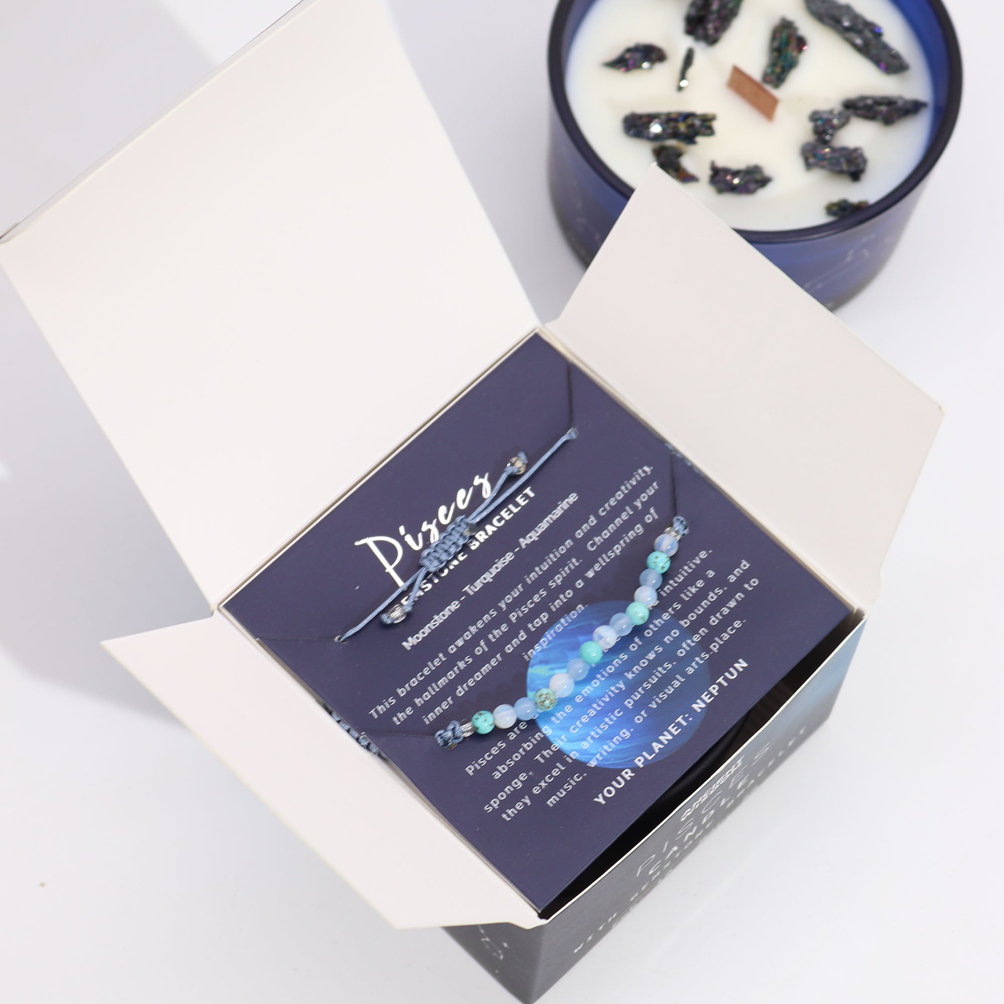 Close-up of moonstone and aquamarine bracelet from Pisces zodiac gift set, crafted for emotional clarity and spiritual connection