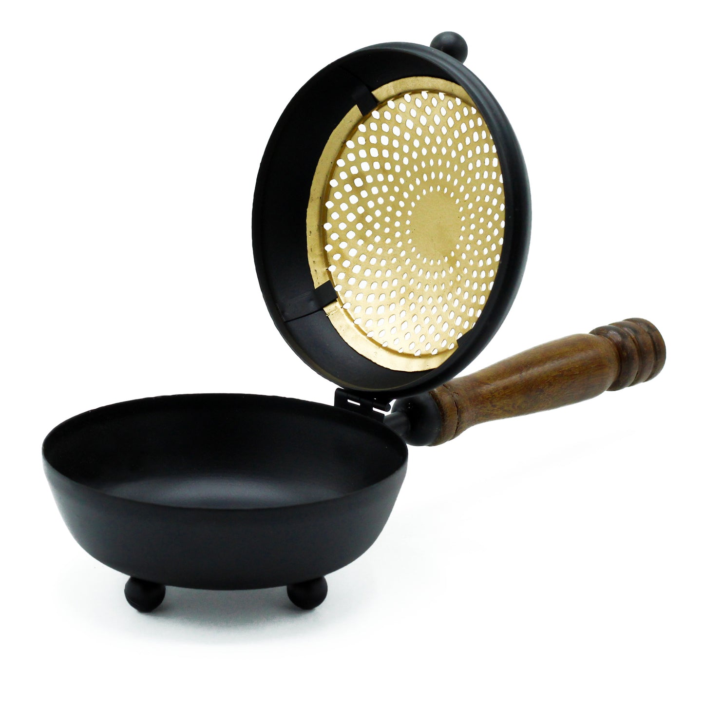 Iron incense censer with lid open showing interior bowl, styled on white background for sacred charcoal and resin rituals.