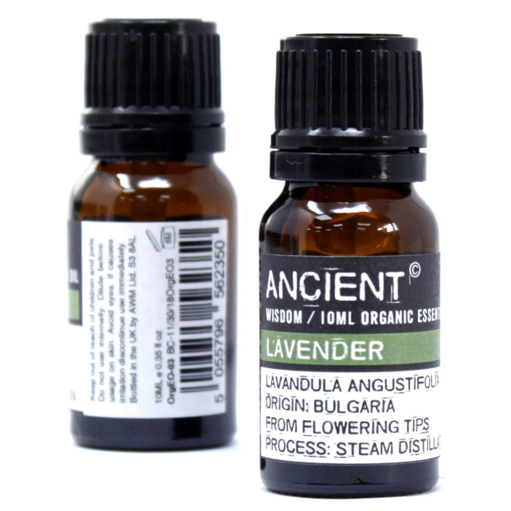 Close-up of a 10ml amber bottle labeled “Ancient Wisdom Organic Lavender Essential Oil,” with visible details highlighting its soothing and floral properties.