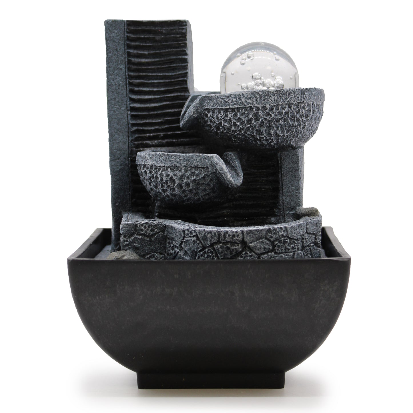 Black stone-look tabletop water feature with two pouring bowls and glass bubble ball
