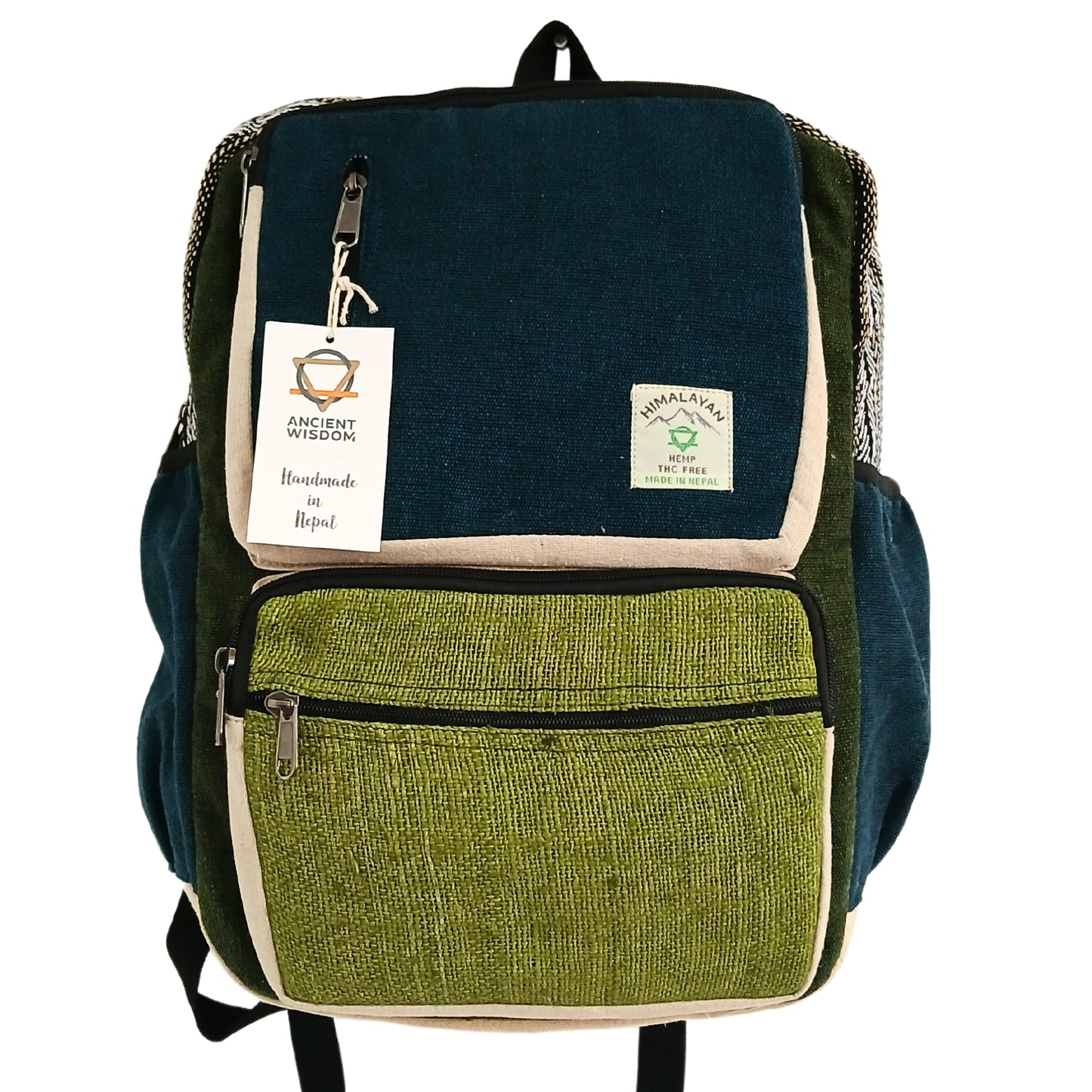 Front view of teal and sage boxy hemp backpack with green front pocket and Ancient Wisdom tag