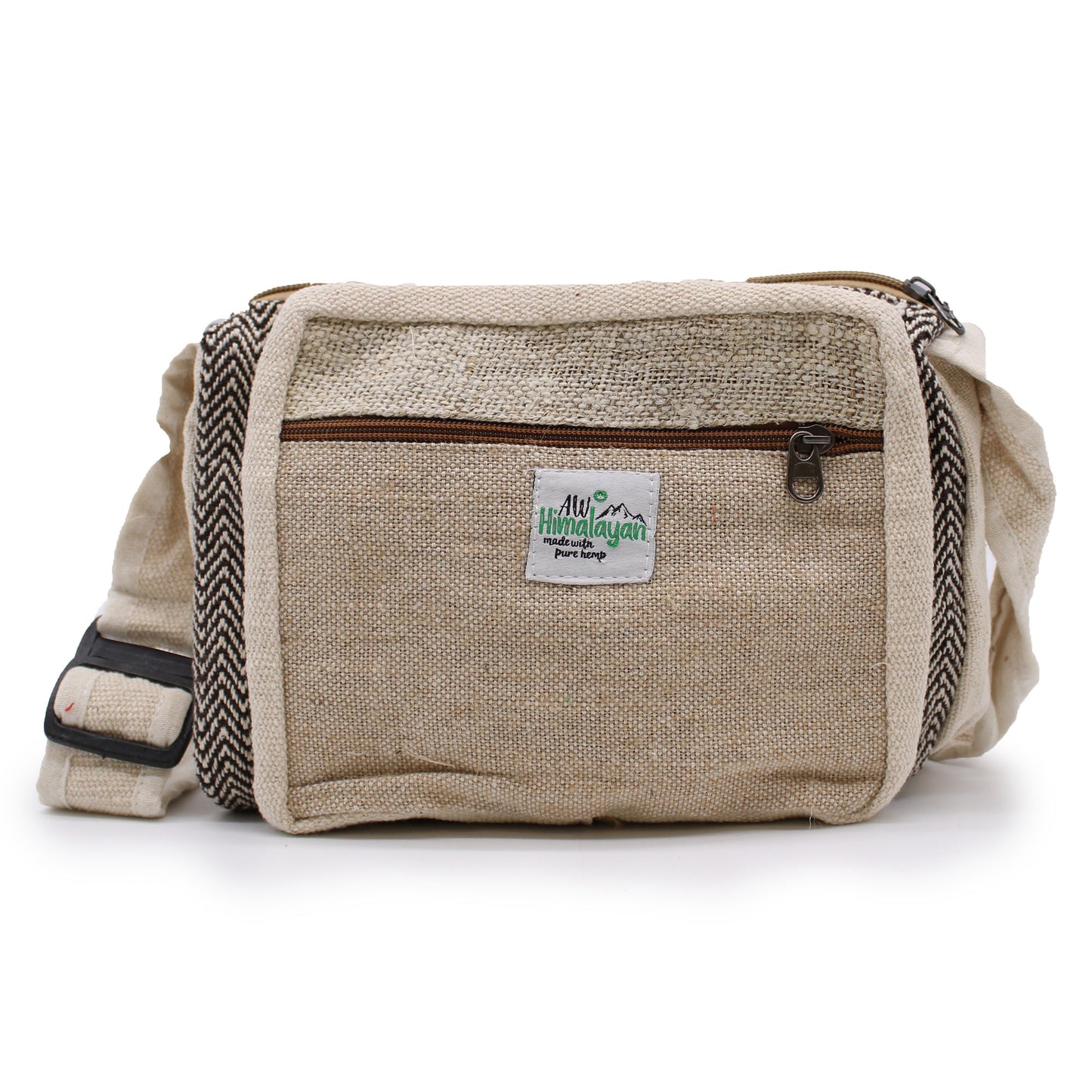 Front view of artisan-made hemp shoulder bag with brown chevron strap and minimalist front zip pocket