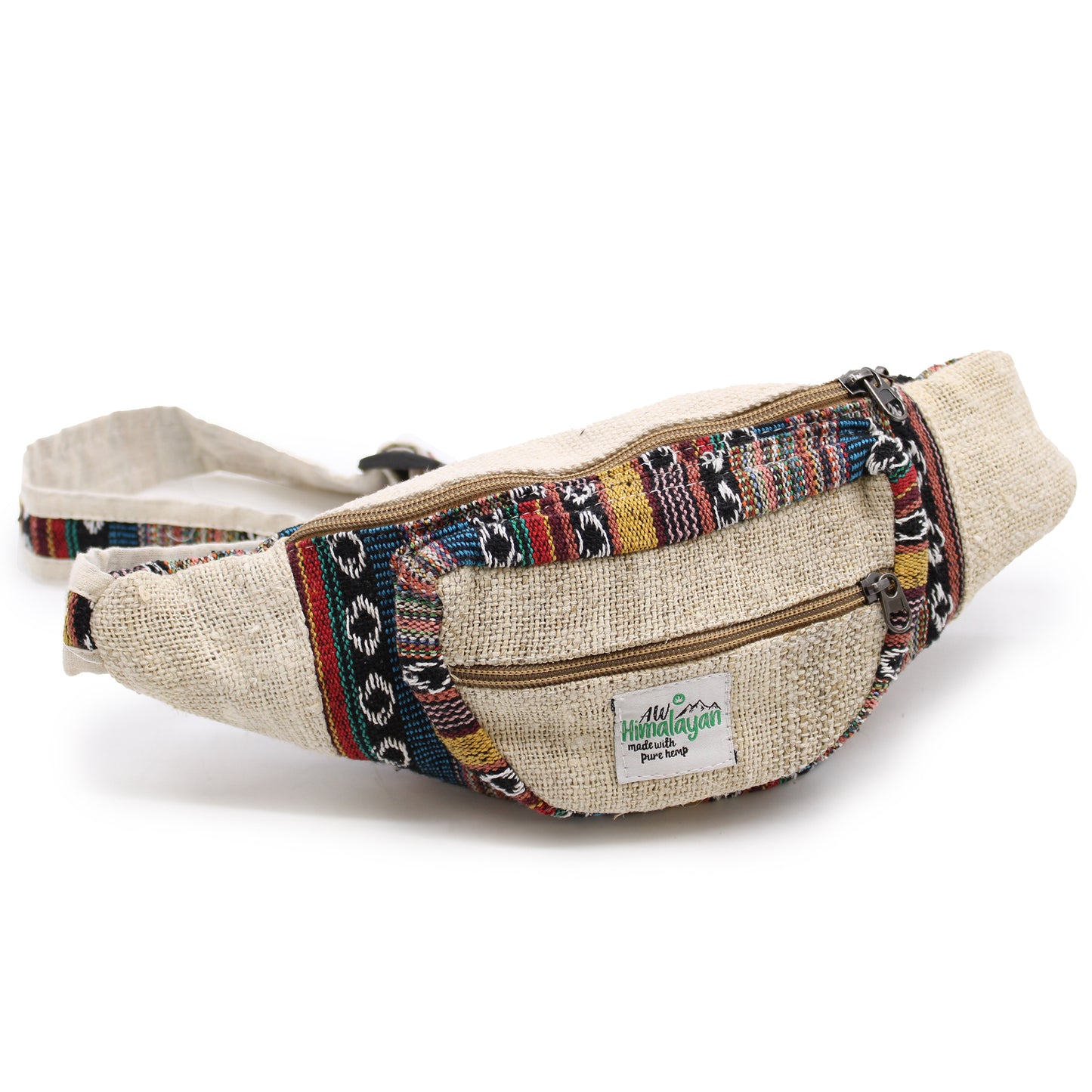 Handmade hemp waist bag with black and yellow woven pattern, sustainable festival and travel essential