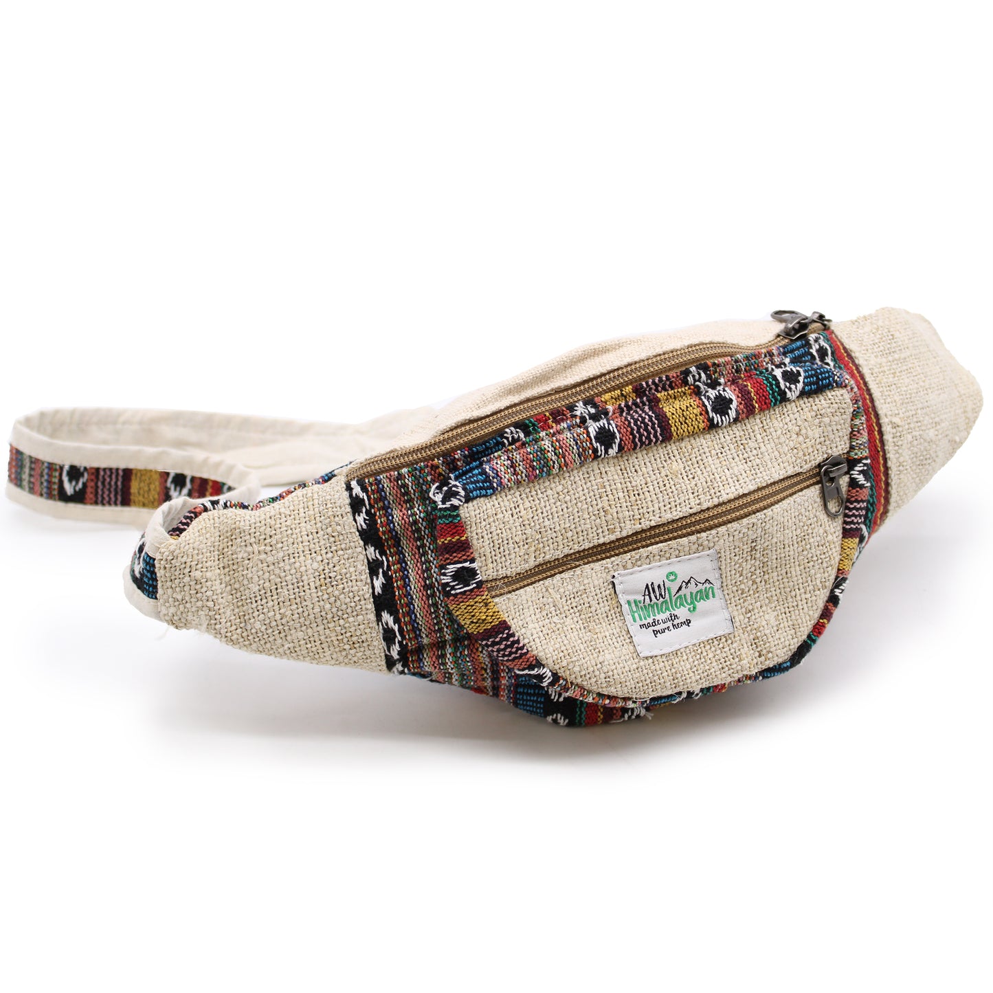 Sustainable boho bum bag made with hemp and cotton, featuring yellow-trim woven detail, ideal for summer festivals