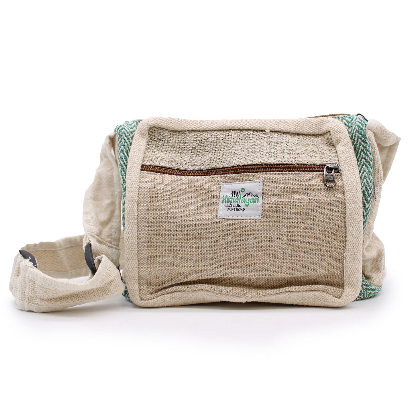 Side angle of boho-style hemp messenger bag with green strap, crossbody eco bag ideal for festivals and daily errands
