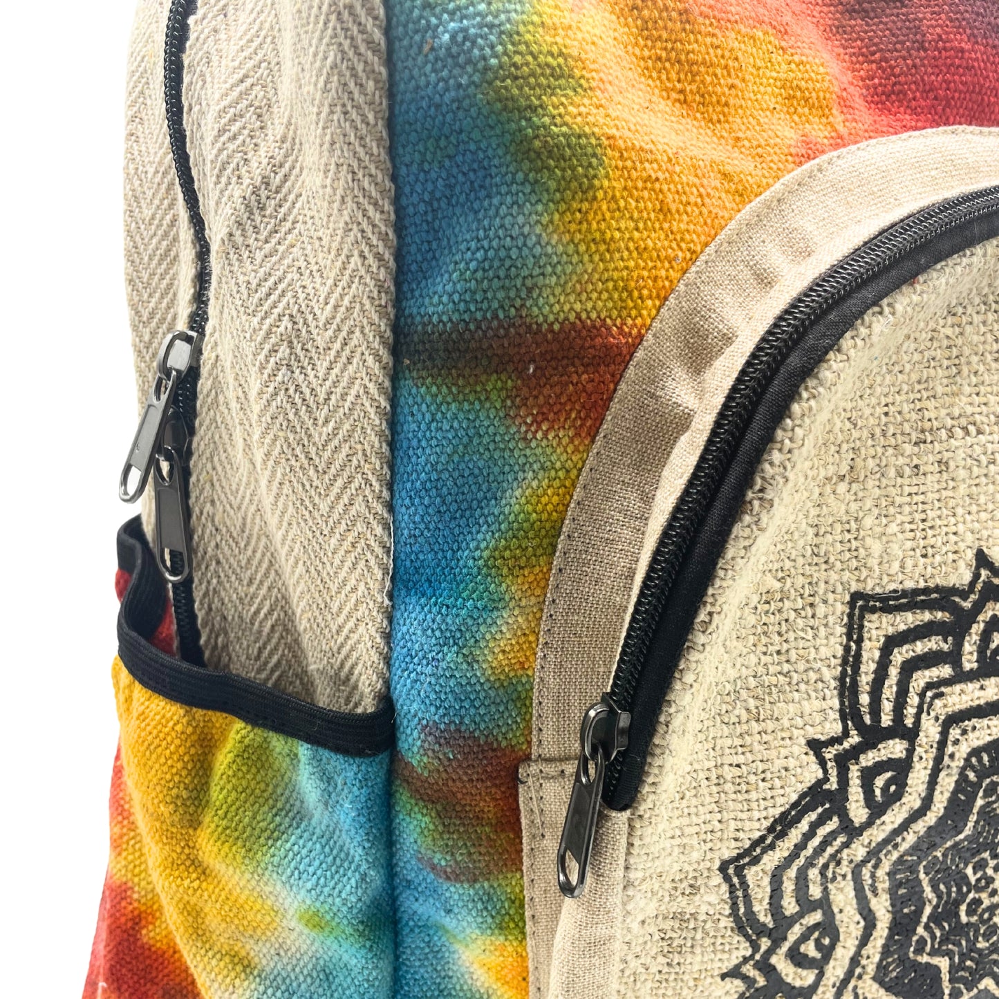 Close-up of colorful tie-dye side panel and elastic pocket on large hemp chakra backpack with dual zippers