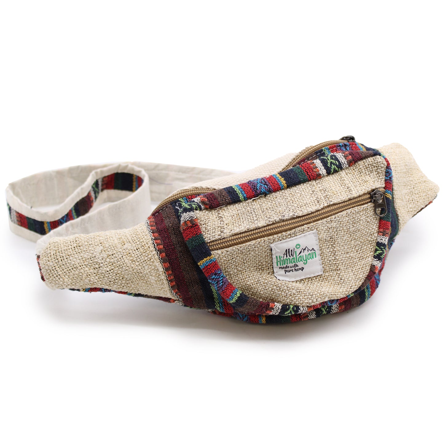 Side view of eco-friendly hemp bum bag with zip pockets and ethical woven trim from Nepal