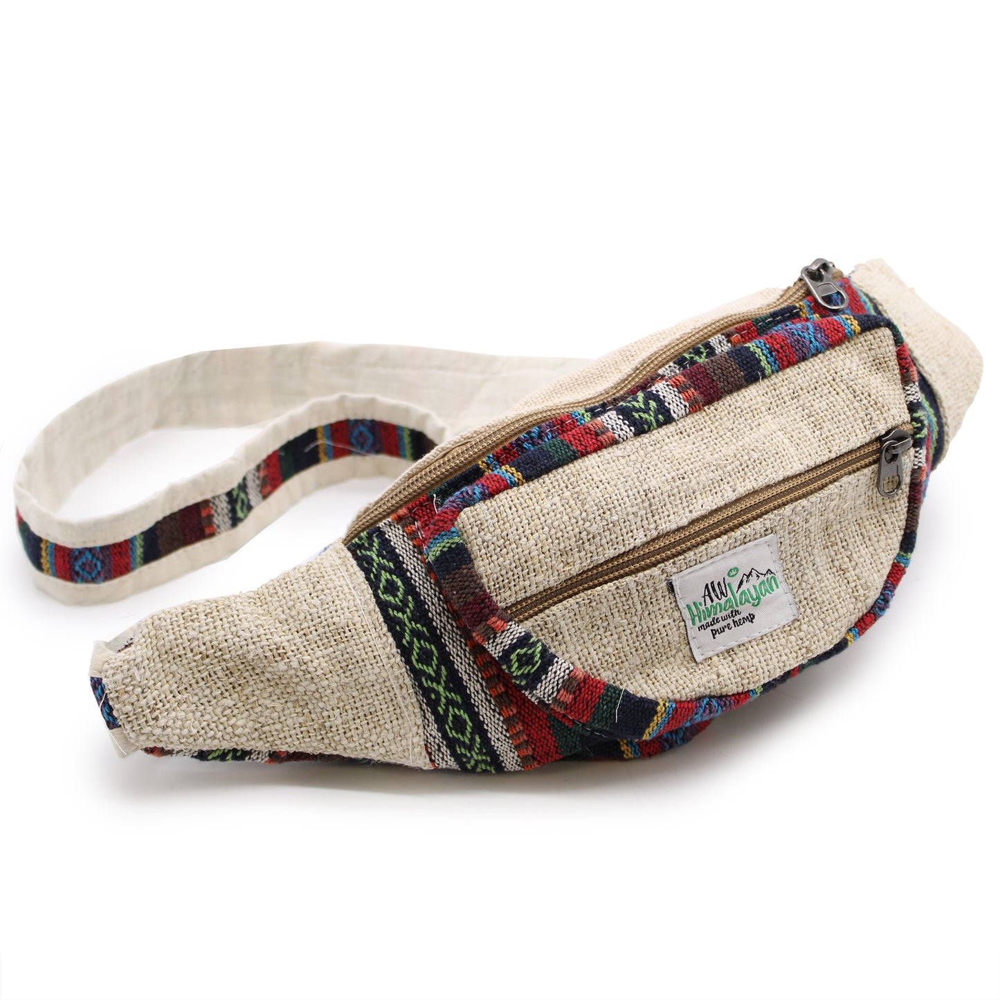 Handmade hemp and cotton waist bag with vibrant woven patterns, ideal for travel and festivals