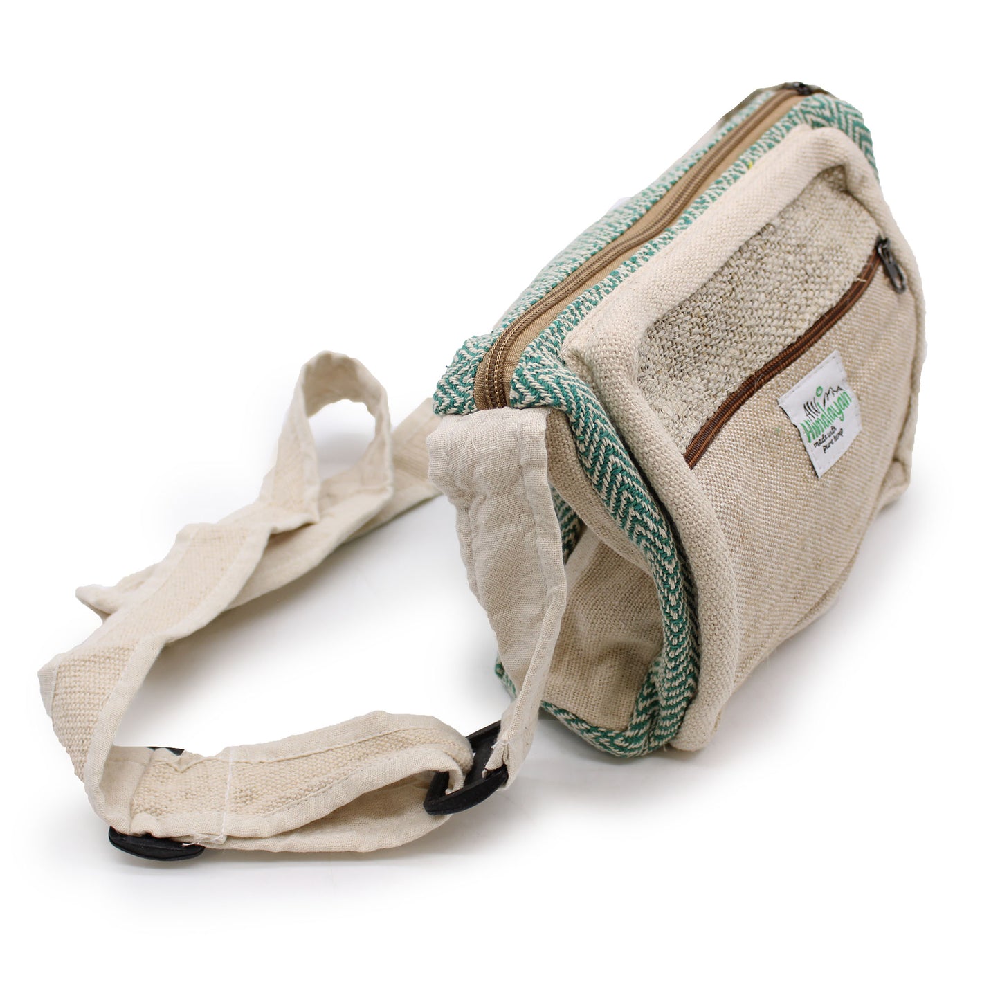 Handmade hemp messenger bag with chevron-patterned strap and cotton body, artisan-crafted for sustainable style