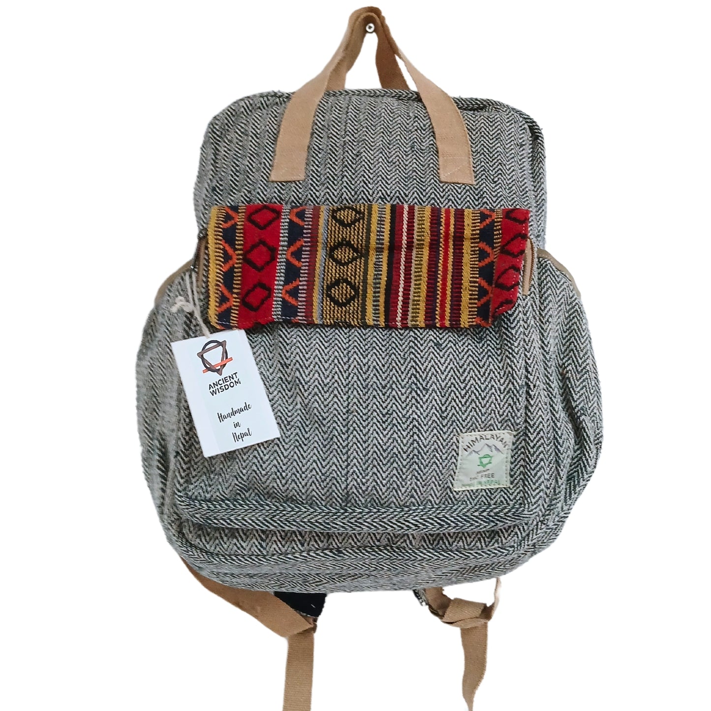 Full front image of the Annapurna Backpack showcasing traditional Nepali design and herringbone pattern