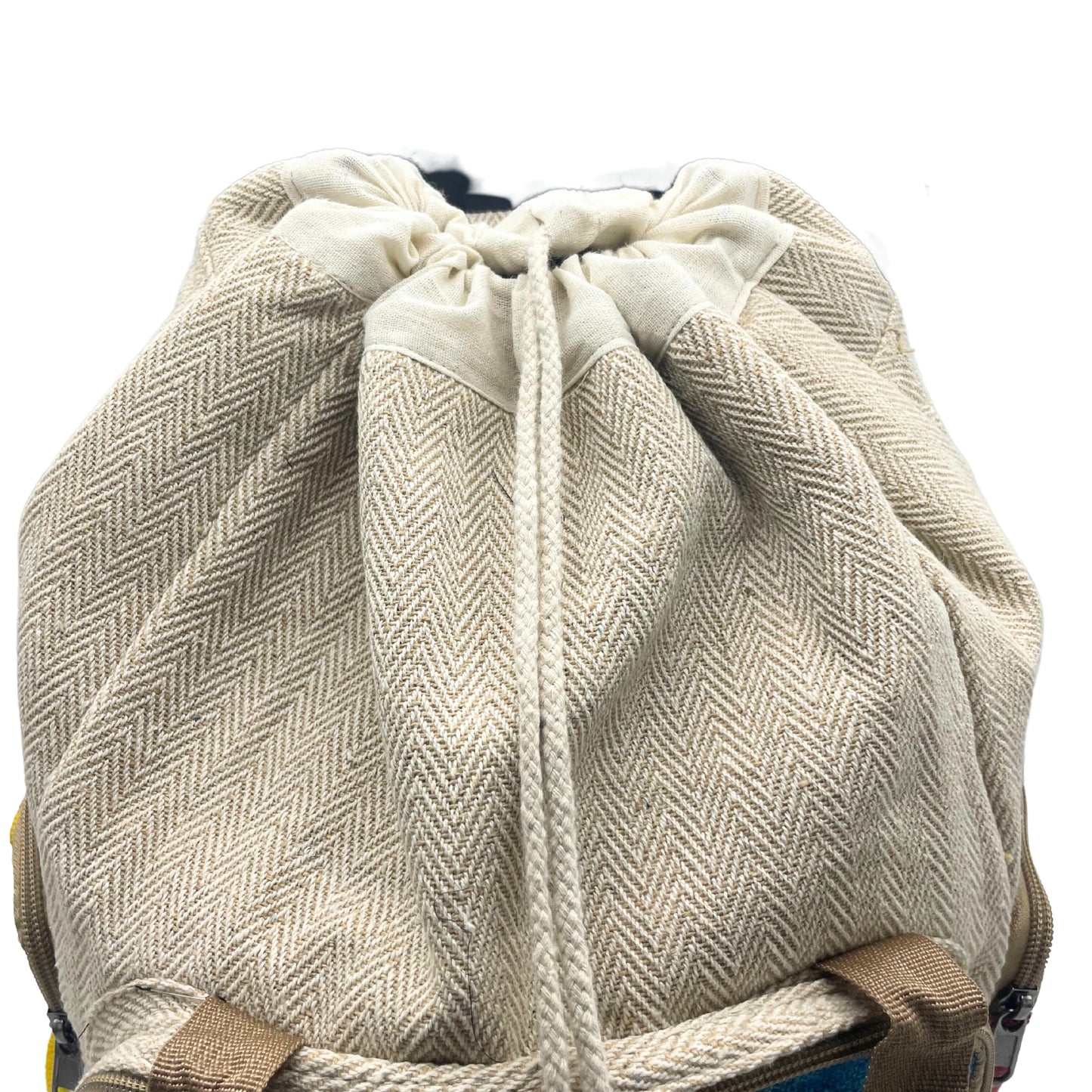 Close-up of drawstring closure and herringbone cotton-hemp weave on large eco backpack, secure and breathable design