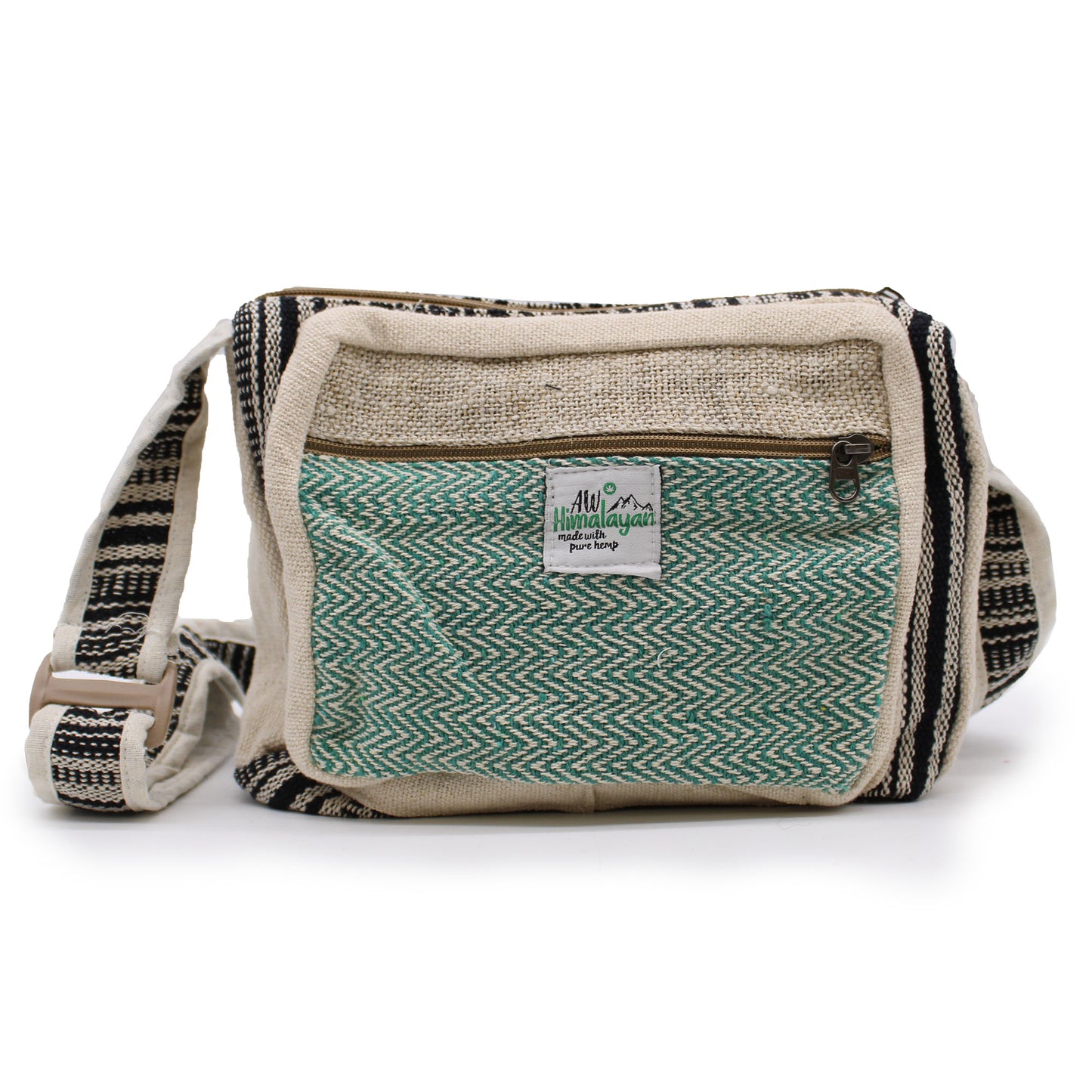 Handmade hemp messenger bag with green chevron design and black striped strap, eco-friendly crossbody bag from Nepal