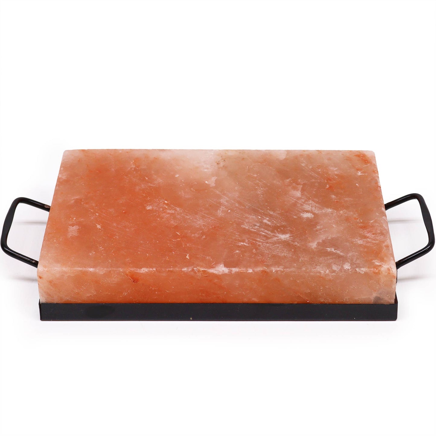 Raw Himalayan salt BBQ plate with handles on white background