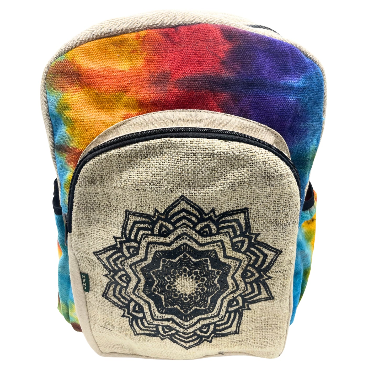 Large tie-dye chakra backpack with black mandala artwork and front zip pocket, ideal for travel or festivals