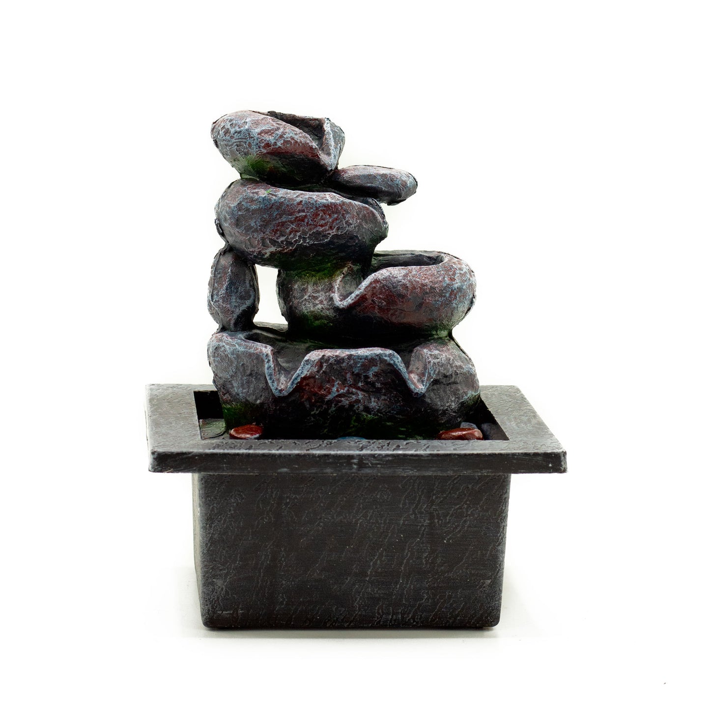 Modern tabletop water fountain with cascading black stone-effect bowls and LED crystal globe – perfect for home, office, or meditation space decor.