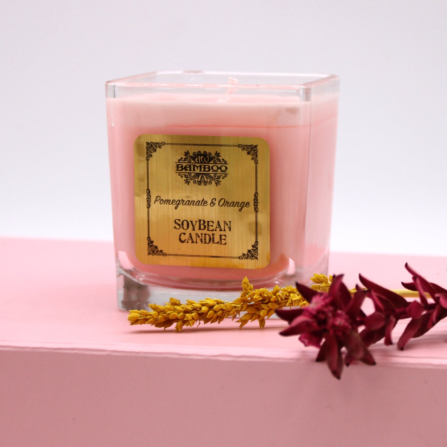 Pomegranate & Orange candle with fruity, uplifting scent—hand-poured soy wax in a chunky recycled glass jar