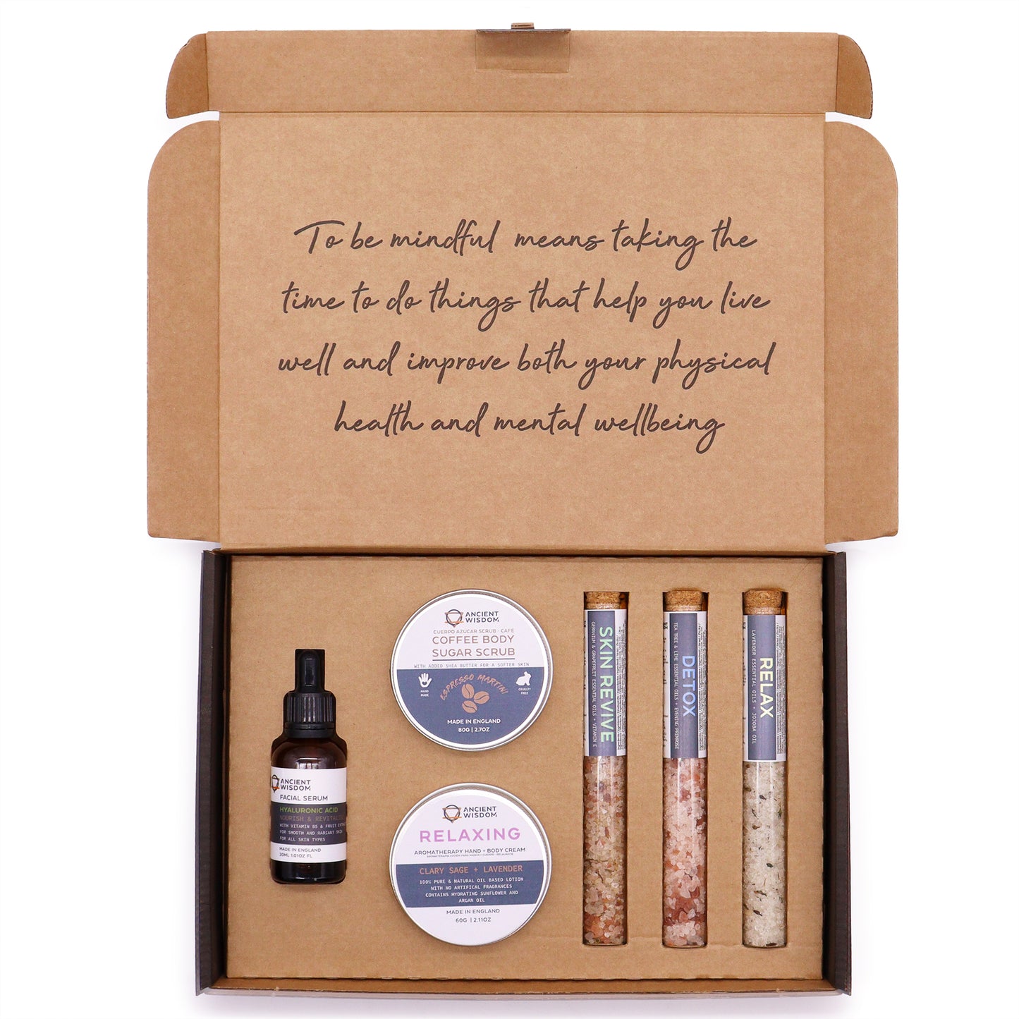 Mindful Moments Self-Care Kit – Lavender & Coffee Scrub, Bath Salts & Hyaluronic Acid Serum