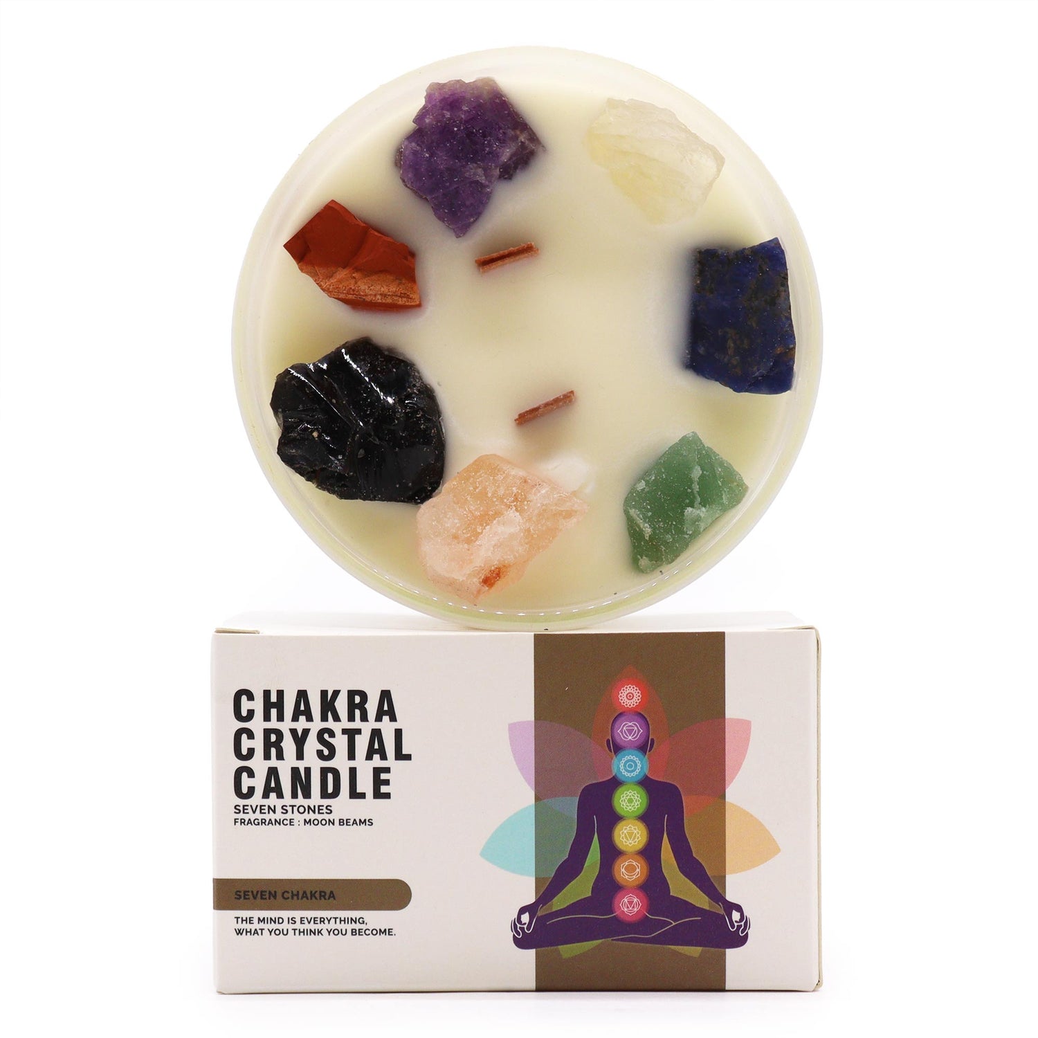 Seven Chakra Candle with crystal gemstones for energy alignment, chakra balance, and spiritual harmony
