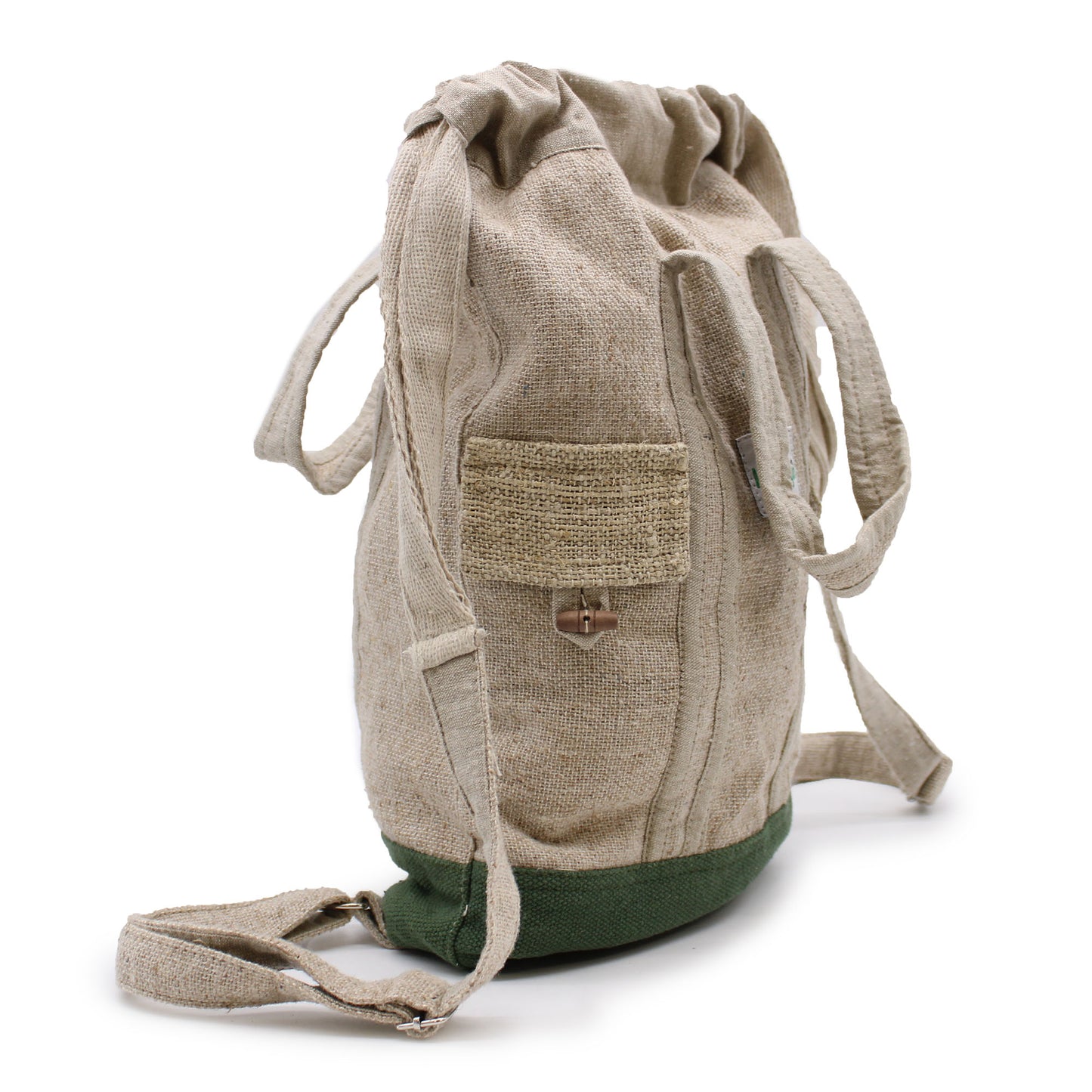 Side angle of hemp and cotton backpack with toggle detail and green bottom trim, sustainable and durable eco travel bag