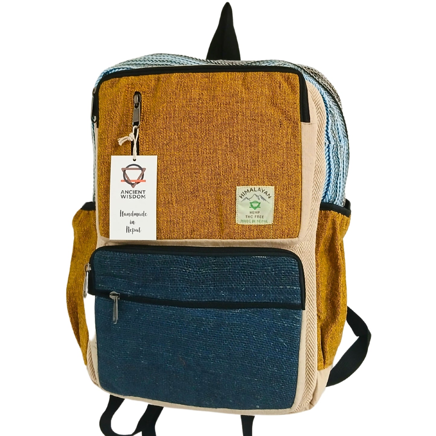 Upright front view of structured hemp backpack in turmeric and teal with double zip pockets and eco-conscious artisan tag