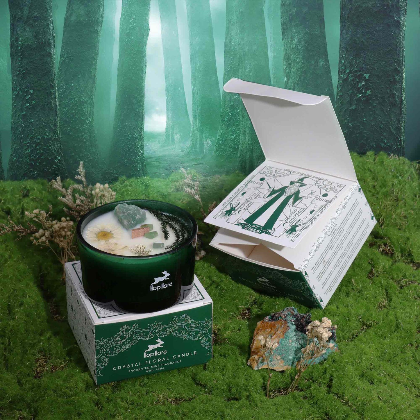 The Magician Candle styled on a manifestation altar with jade, mint, and focus-driven spiritual elements