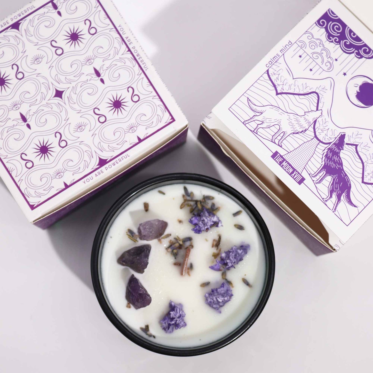 Packaging of The Moon Candle with tarot symbolism, mystical fragrance notes, and calming energy