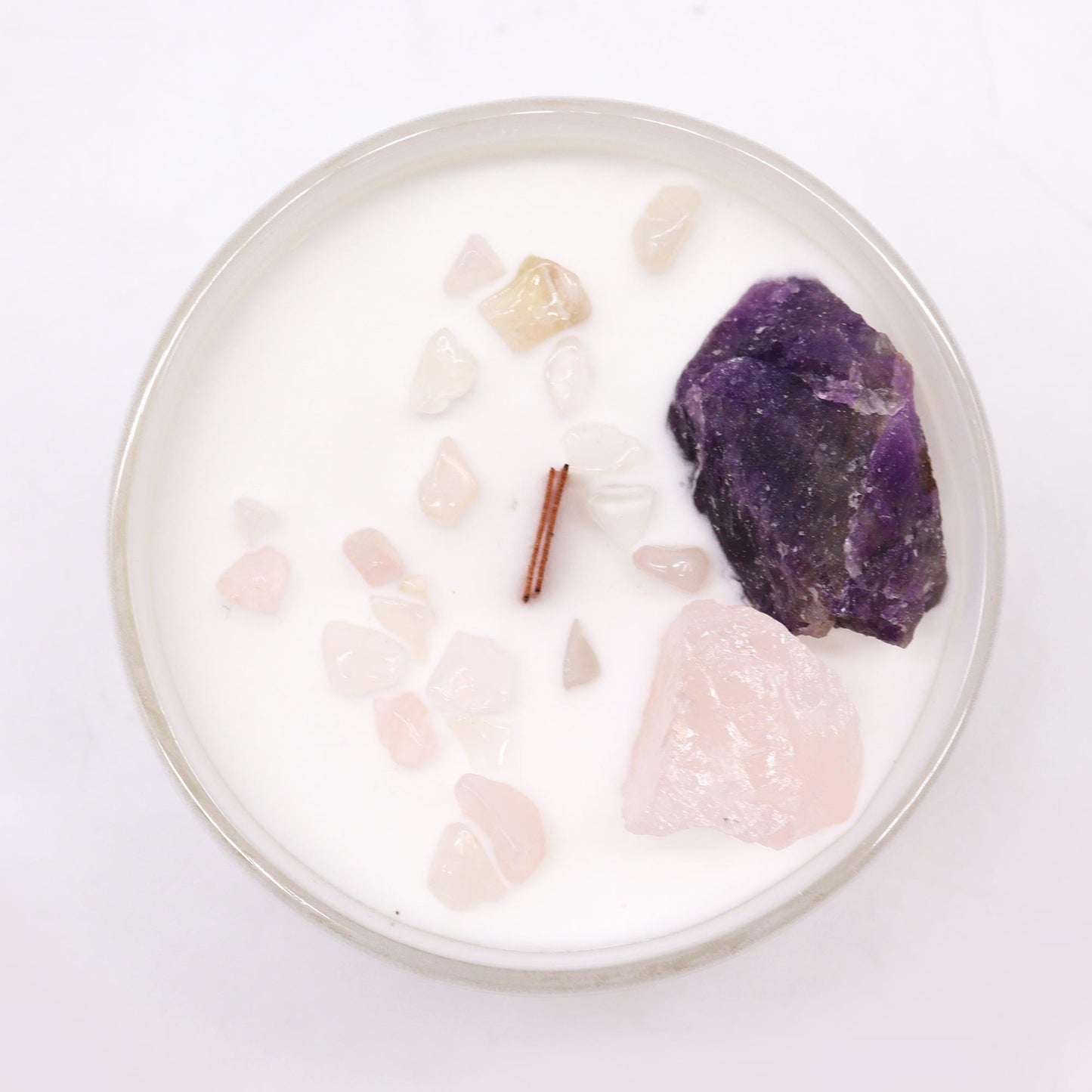 Top view of Third Eye Chakra Candle with crystal-embedded soy wax and indigo color for chakra alignment