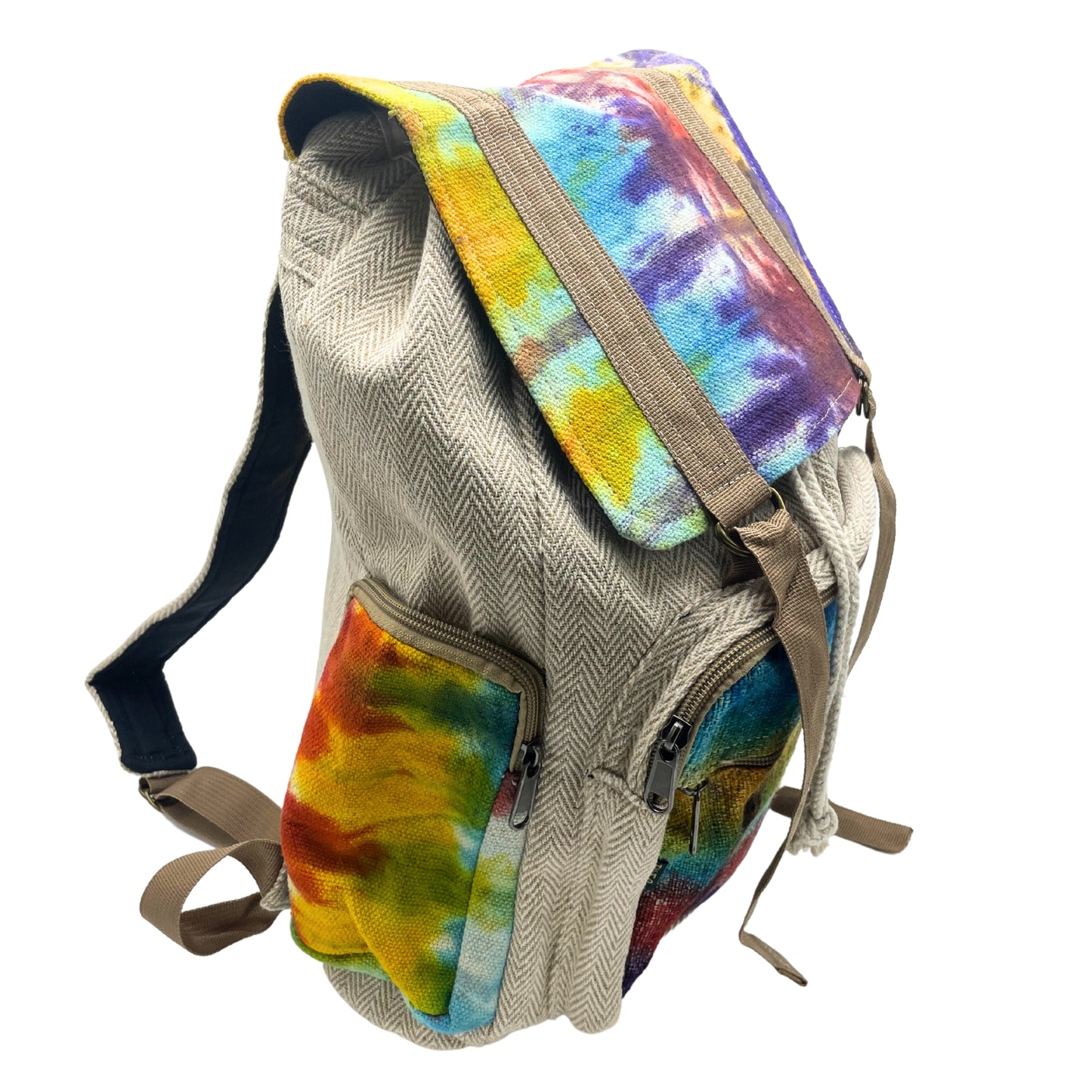 Angled view of tie-dye square hemp backpack showing colorful side pockets and durable zipper compartments