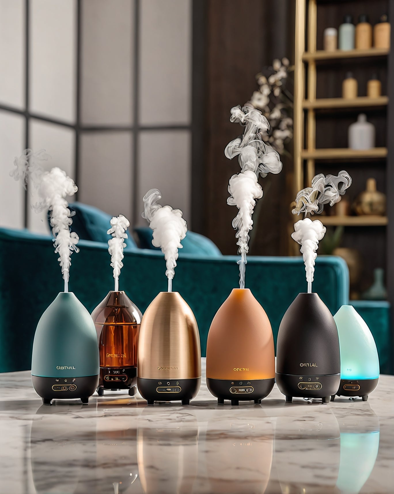 A selection of elegant diffusers steaming essential oils