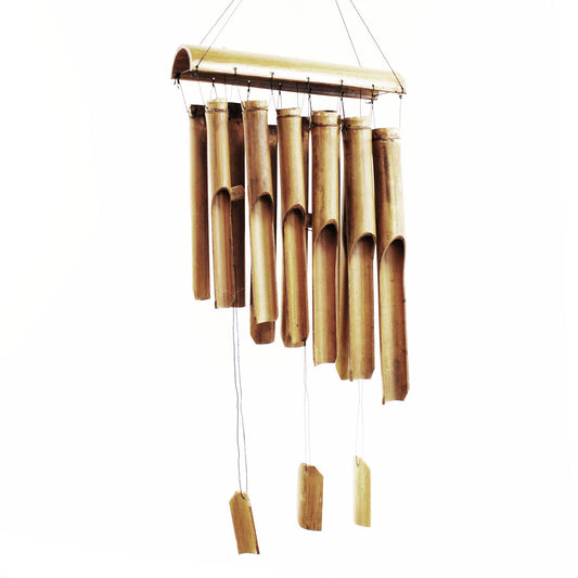 Large 12-tube bamboo wind chime hanging on white background, handcrafted for outdoor garden sound therapy