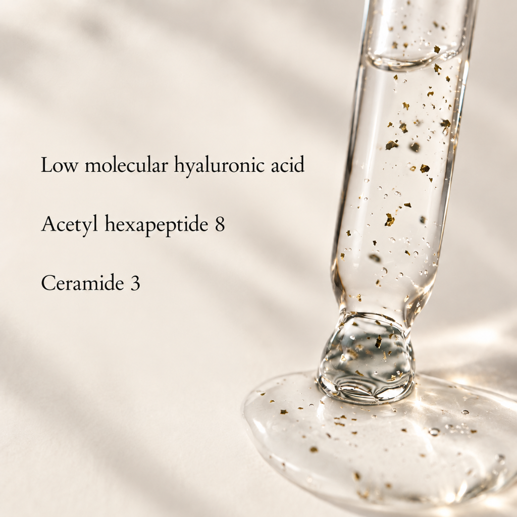 A clear glass dropper tube filled with transparent gel sits on a white surface with a small pool of the gel below. Text on the left reads 'Low molecular hyaluronic acid', 'Acetyl hexapeptide 8', and 'Ceramide 3'.
