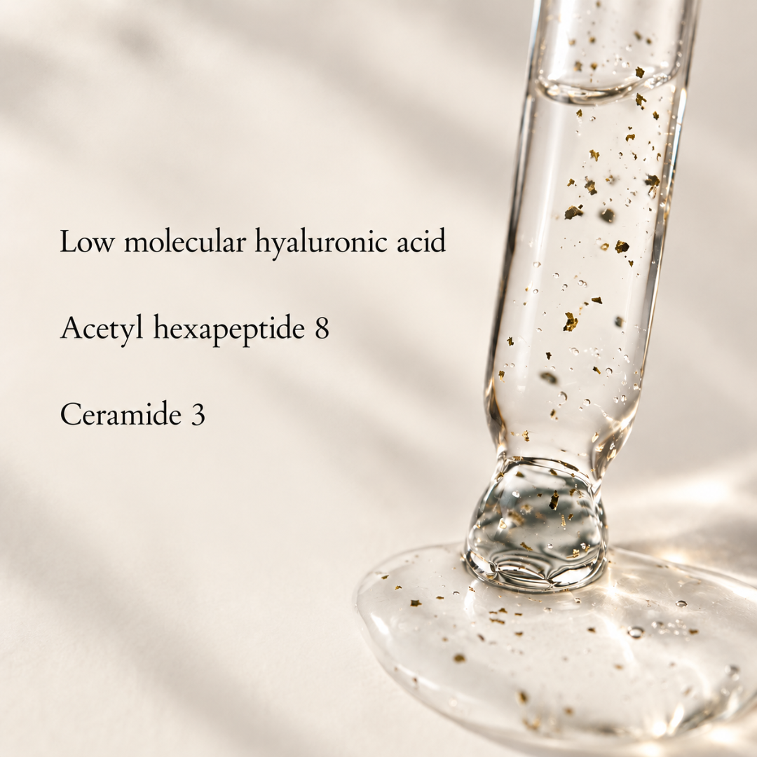 A clear glass dropper tube filled with transparent gel sits on a white surface with a small pool of the gel below. Text on the left reads 'Low molecular hyaluronic acid', 'Acetyl hexapeptide 8', and 'Ceramide 3'.