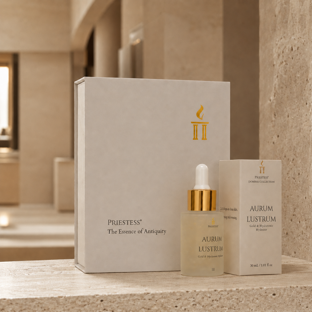 Priestess Aurum Lustrum Serum Beautiful set featuring a large cream-colored gift box, a glass dropper bottle with a gold collar, and a smaller cream box, all labeled Aurum Lustrum, arranged on a stone ledge in a warm interior setting.