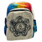 Front view of medium-sized tie-dye hemp backpack with chakra symbols and zip pocket, handmade in Nepal