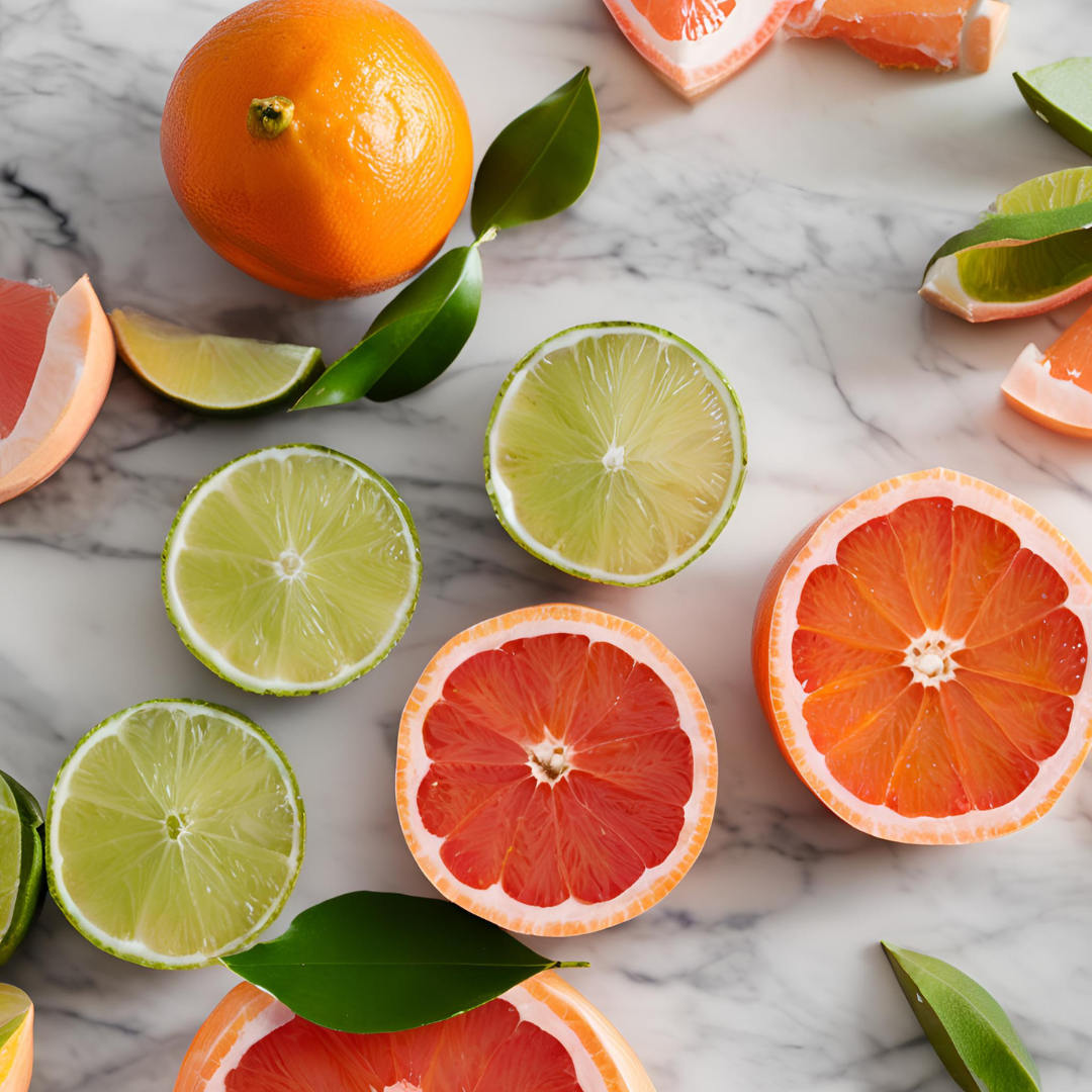 A picture depicting lime, grapefruit and orange.