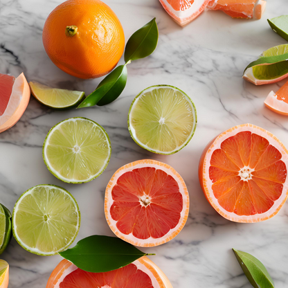 A picture depicting lime, grapefruit and orange.