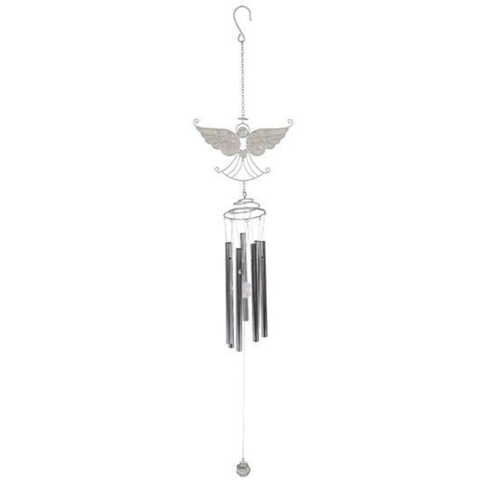 Hanging angel windchime with celestial design and silver chimes, displayed against a white background for clear product focus.