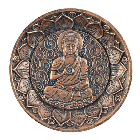 Top view of antique copper incense holder plate featuring engraved Buddha design