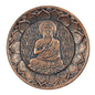 Top view of antique copper incense holder plate featuring engraved Buddha design