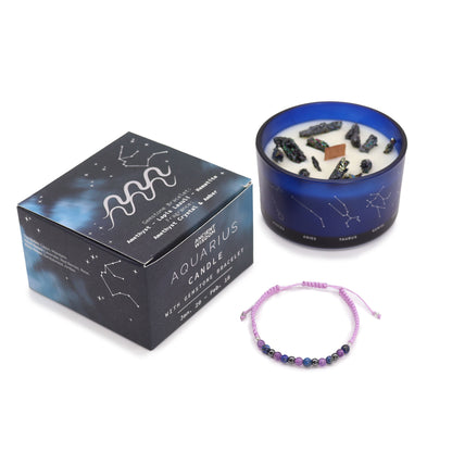Open Aquarius candle infused with amethyst and lapis lazuli crystals, scented with mandarin, lavender and sandalwood for creativity and inner clarity